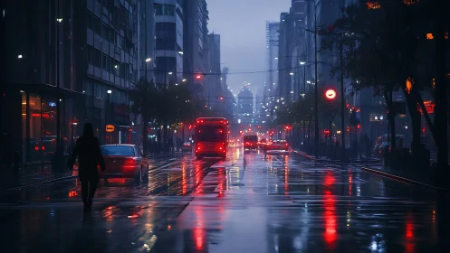 Rain-soaked city avenue with red buses and neon glow.