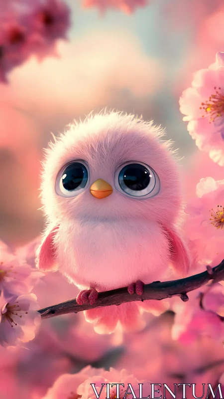 Fluffy pastel chick on cherry blossom branch, shallow depth