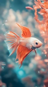 Orange betta fish swims through softly blurred coral reef