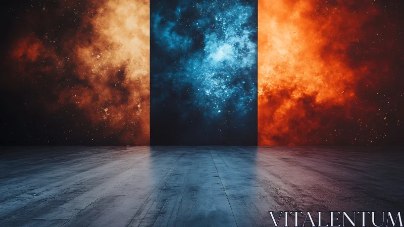 Triptych cosmic portal over reflective industrial floor plane.