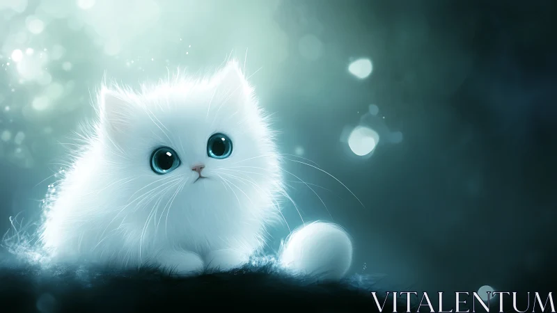 White fluffy cat with vibrant blue eyes gazes directly forward
