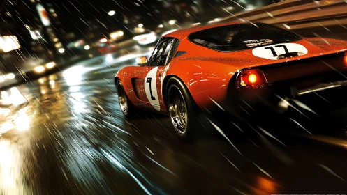 Vintage red race car slicing through rainy city night.