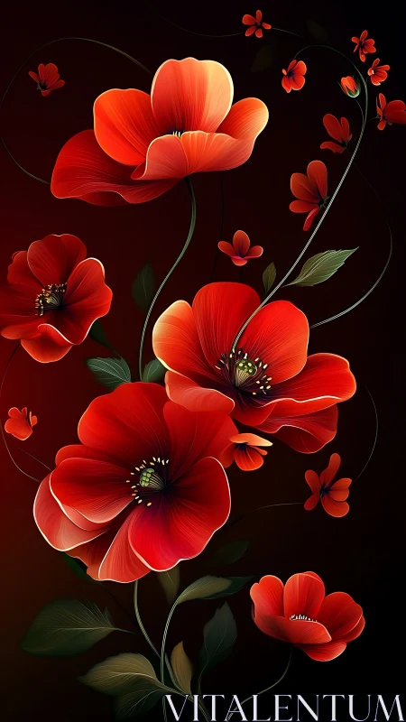 Red Poppies on Dark Background: Botanical Digital Illustration.