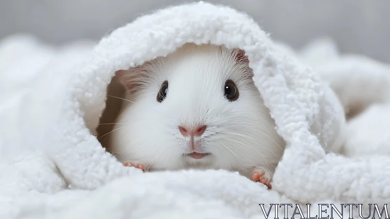 White guinea pig partially covered by textured blanket.