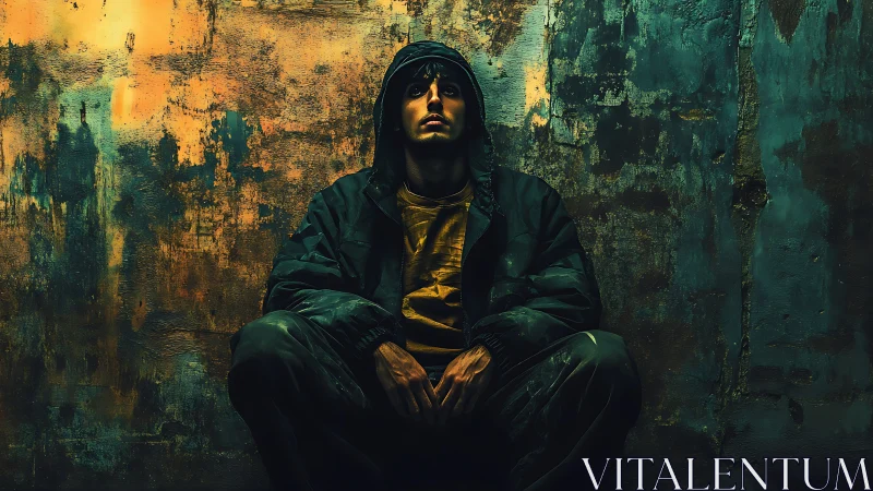 Moody urban dreamer rests against a weathered painted wall