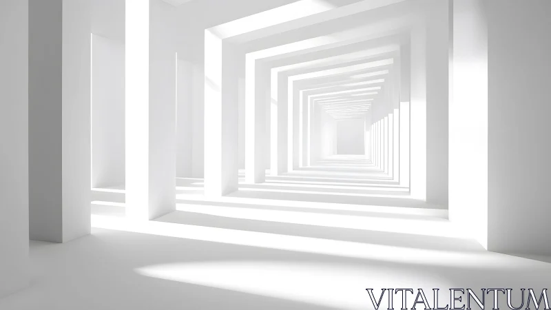 Minimalist white geometric hallway with repeating rectangular frames.
