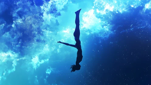 Stargazer diver tumbling weightless through cosmic blue hush.