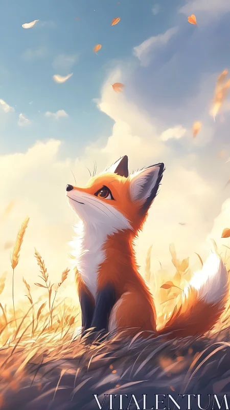 Gentle fox gazes at drifting leaves in a golden sunset field