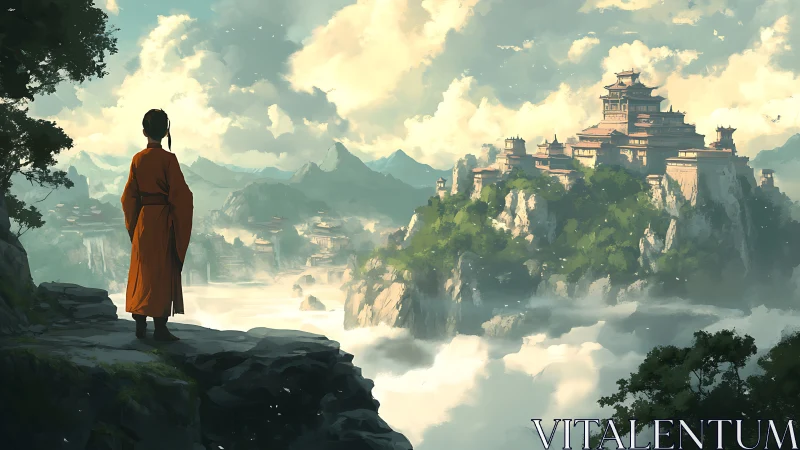 Young monk gazes toward a cloud-wreathed mountain citadel.