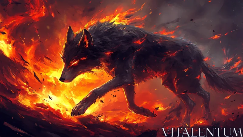 Inferno wolf strides through molten twilight emberscape.