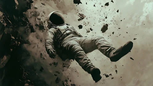 Solitary astronaut drifts calmly amid swirling space debris