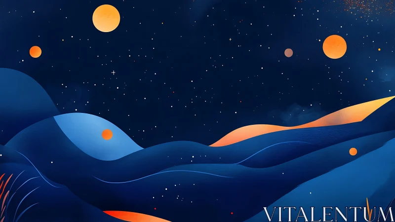 Midnight desert hills glow under scattered orange moons