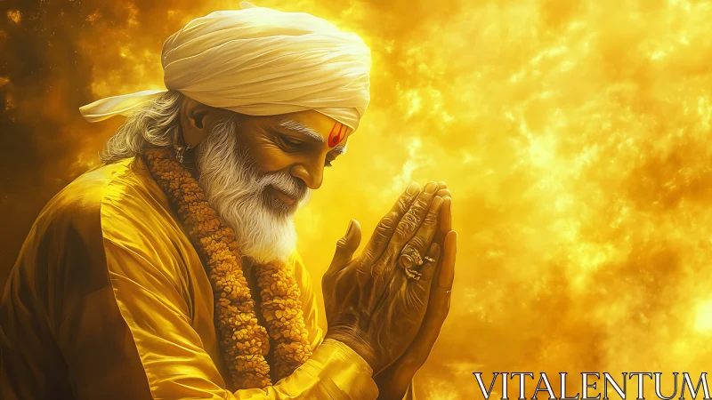 Elderly spiritual man praying in golden glowing light.