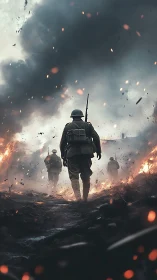 Soldiers advancing through burning battlefield under smoke clouds.