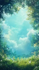 Sunlit forest glade opens to tranquil blue sky above.