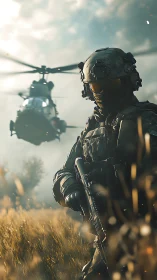 Tactical soldier advances under low helicopter dust light.