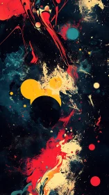 Cosmic splatter orbits in bold red, teal, and yellow storm