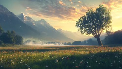 Solitary tree over misted meadow beneath glowing mountains.