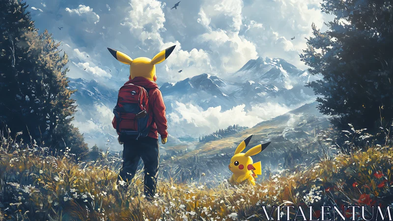 Pikachu hiker meets Pikachu in a sunlit alpine meadow