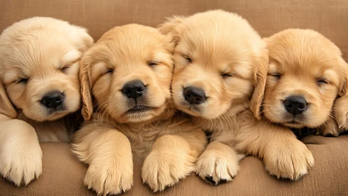 Golden retriever puppies aligned in close-up symmetrical portrait