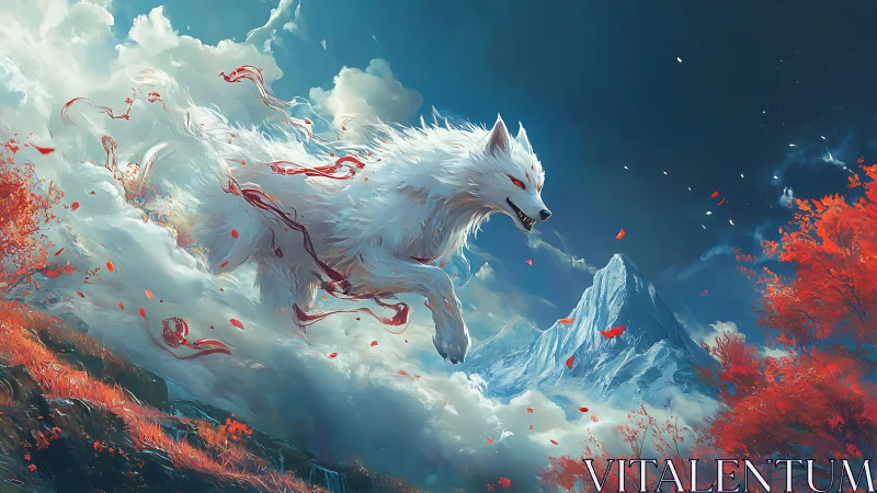 Mythic white wolf deities stride through clouds above alpine peak