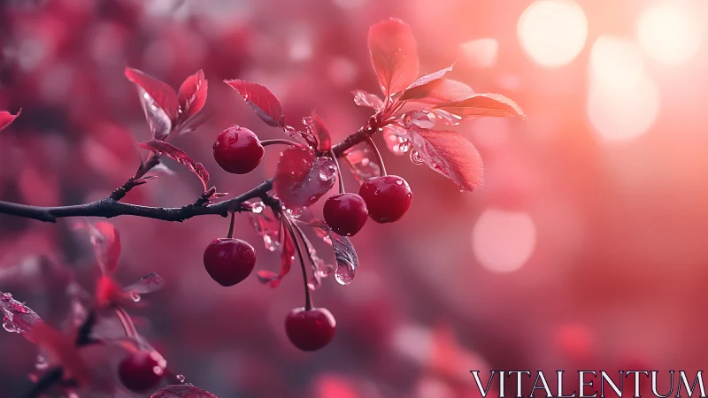Ruby cherries linger in misty pink twilight after rain