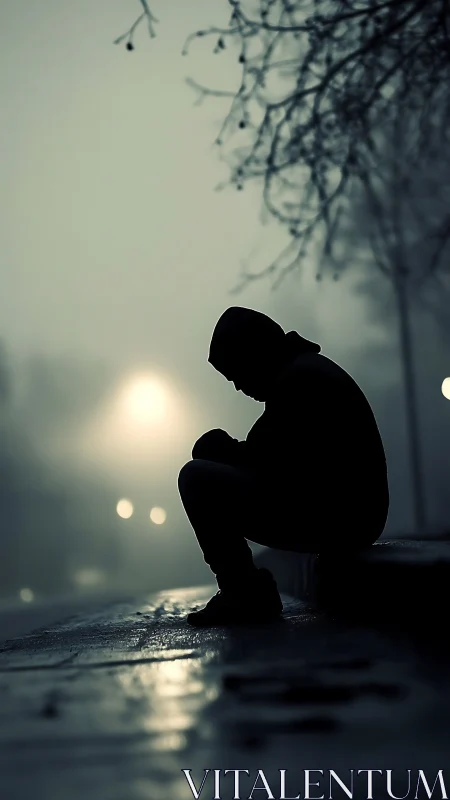 Silhouetted figure crouches on wet curb under foggy streetlight.