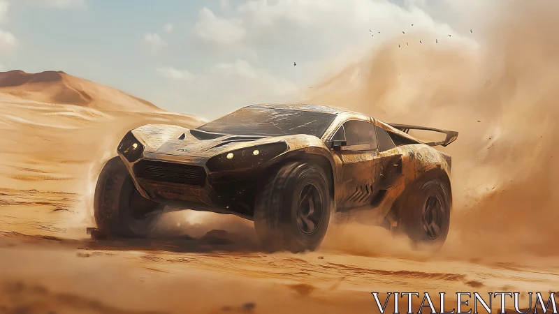 Off-road desert rally car generating dust cloud in dunes.