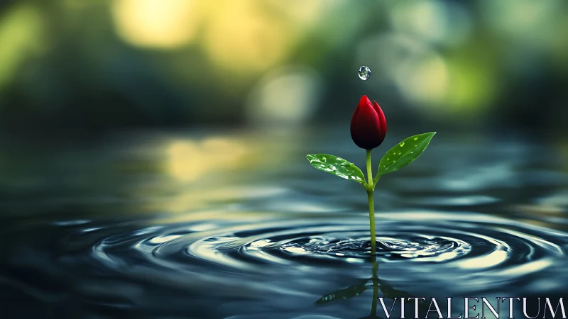 Red flower bud rises from calm water with falling droplet