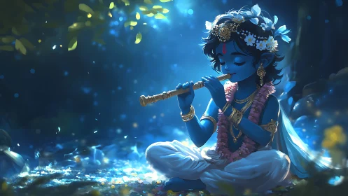Divine blue child with flute in luminous forest glade digital painting.