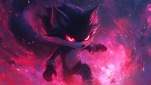 Anthropomorphic fox figure stands in red and violet energy field