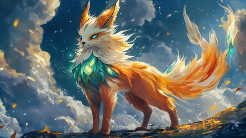 Fox-like fantasy creature stands against bright cloudy sky