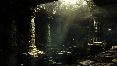 Sunlit overgrown stone ruin interior contains dark water