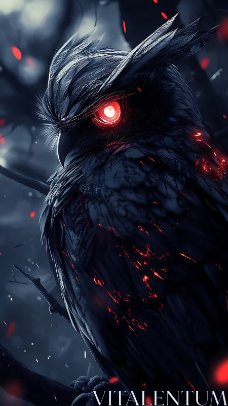 Digital rendering shows a stylized owl with luminous red eye