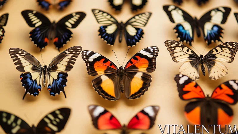 Butterfly specimen collection with vivid wing patterns