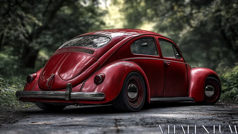 Charming red vintage beetle car waits on a quiet forest road