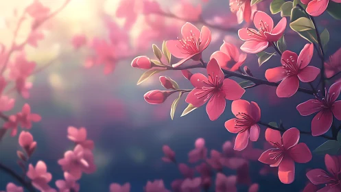 Digital cherry blossoms in soft-focus bokeh lighting study.