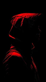 Side-profile hooded figure in red edge lighting on black.