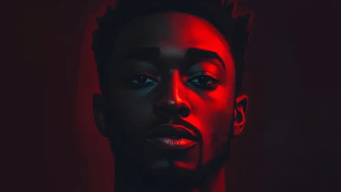 Digital portrait of male face in stark red directional light.