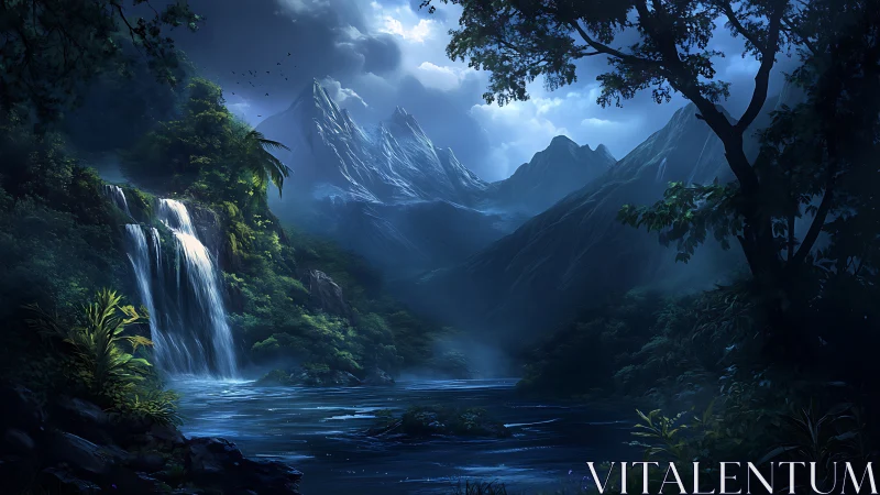 Moonlit waterfall valley beneath towering icy peaks.