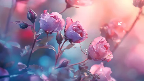 Pink Roses with Dewdrops in Bokeh Light