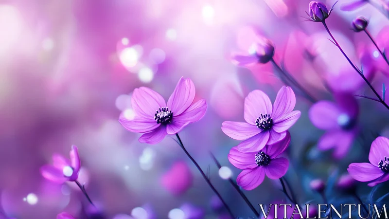 Magenta Dreams Bloom: Cosmos Flowers Dancing in Ethereal Light