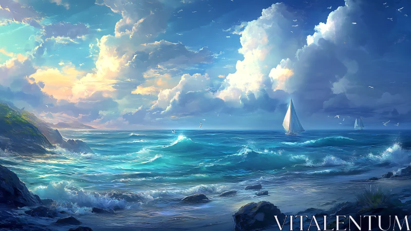 Sailboats on bright blue ocean under large clouded sky.