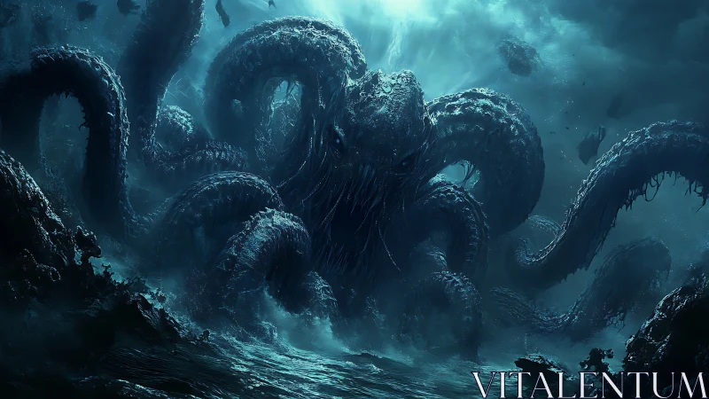 Colossal sea kraken rises in storm-lashed midnight ocean.