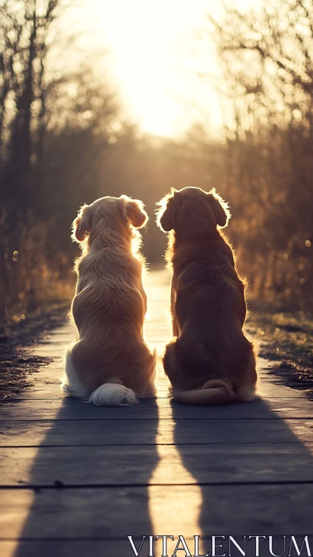 Backlit retrievers sit on a boardwalk at warm sunset