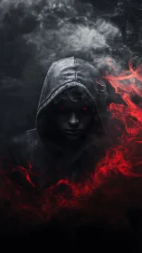 Mysterious hooded figure emerging from shadows and flame.