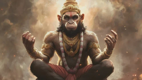 Simian deity figure in seated pose with ornate regalia.