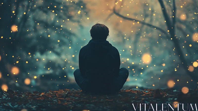 Solitary figure in glowing forest dusk with drifting lights.