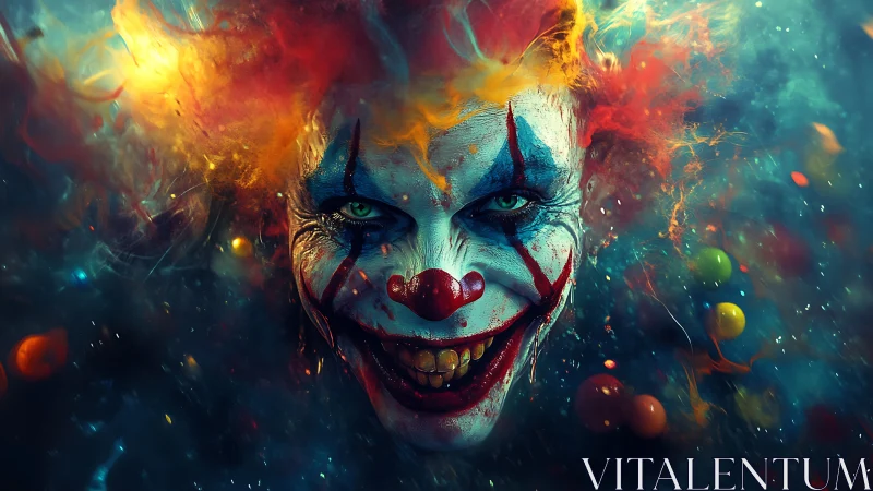 Chromatic infernal clown portrait with volatile particle field.
