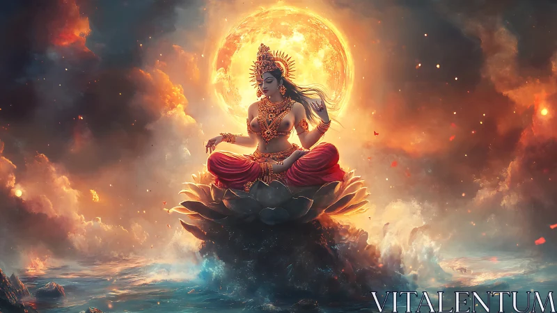 Goddess in lotus meditation glows beneath an ethereal moon